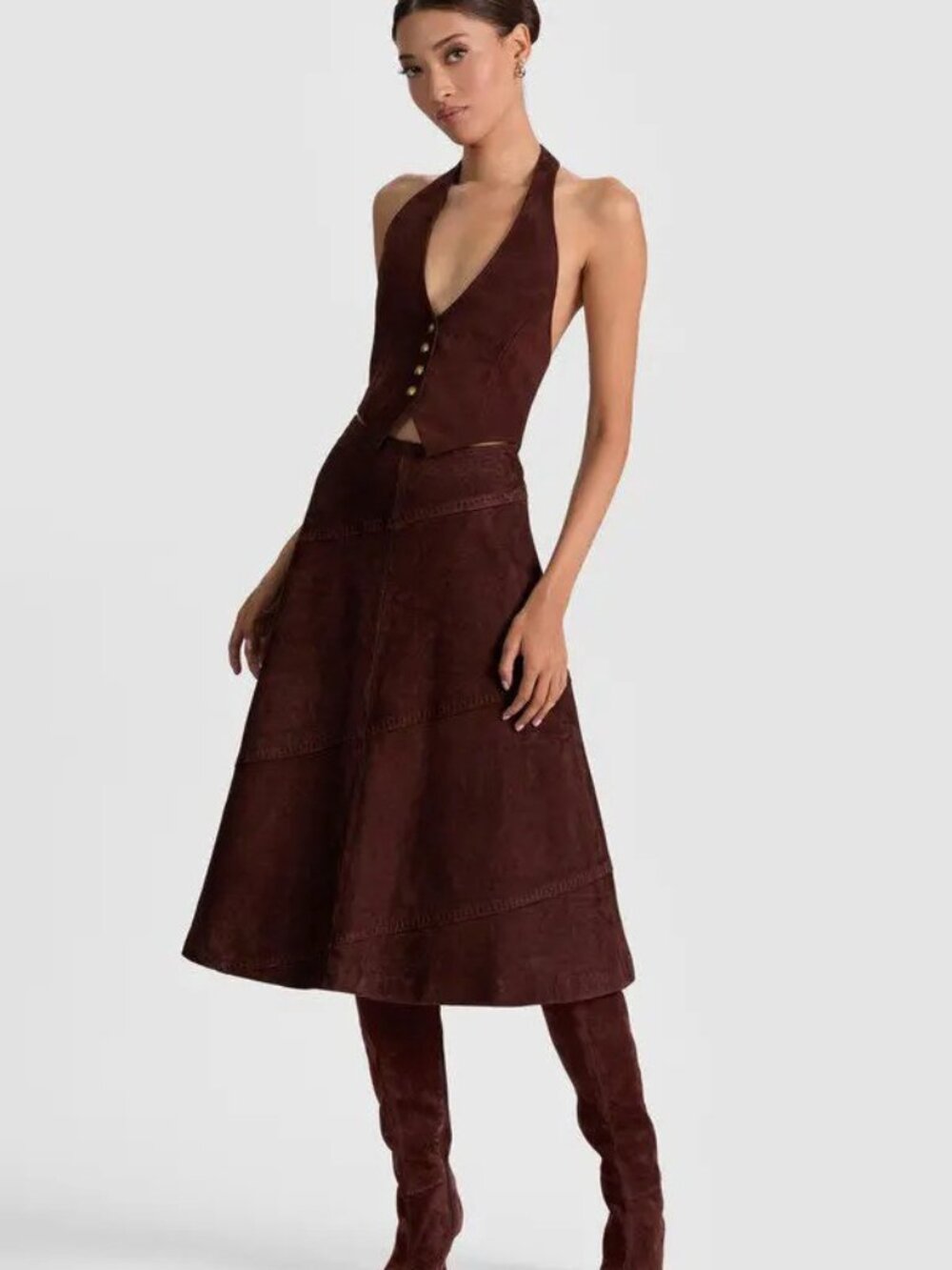 Alice + Olivia Sosie Dark Chocolate Suede Midi Skirt Size 2 NWT $1495